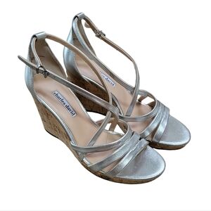 Charles David  Wedge Sandals Womens Size 9.5 Cork Metallic Silver Bridal Strappy